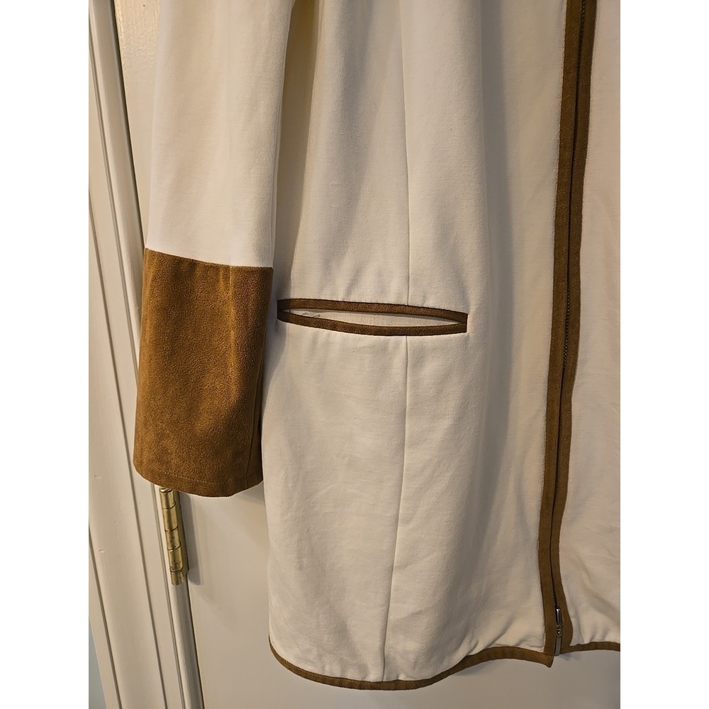 Chico's White Ponte Knit Suede Cuff Blazer Jacker Womens 1 Beige Brown Full Zip - Picture 5 of 16